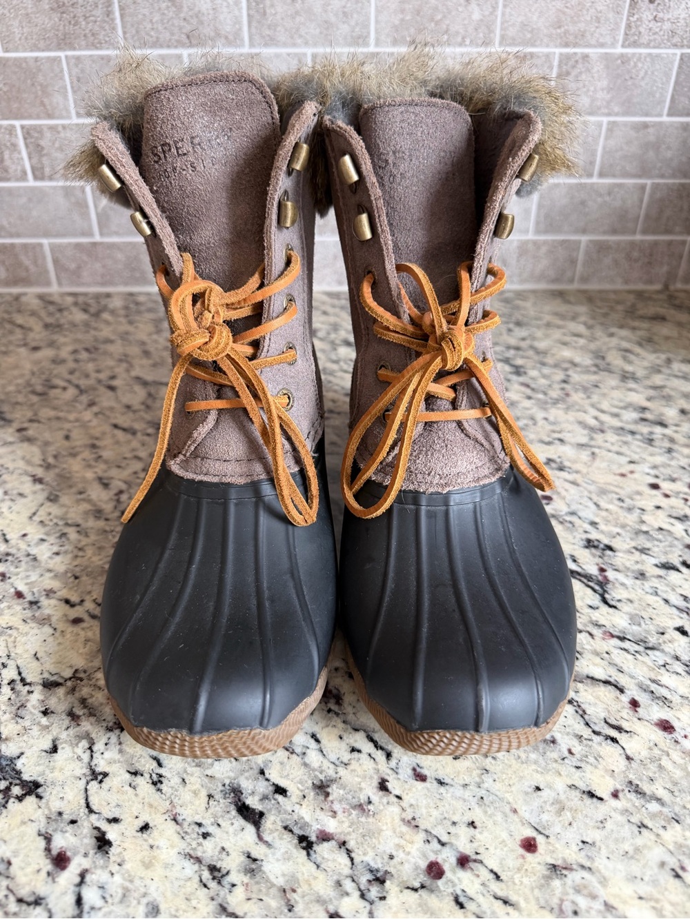 Sperry Two-Tone Faux-Fur Lined Duck Boots in Brown and Black